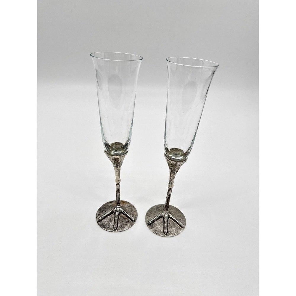 Pottery Barn Bird Foot Champagne Flutes Set of 2 Silver Metal Claw Stem Glasses